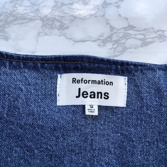 Reformation Dionne Stretch Denim Jean Mini Dress Button Front Square Neck Sz 12 - Picture 3 of 9